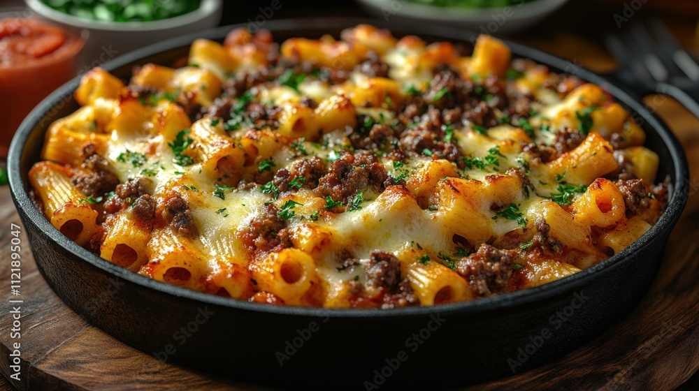 Baked Ziti with Meat Sauce and Mozzarella in Cast-Iron Skillet, Golden Cheese Edges and Fresh Parsley Baked Ziti with Meat Sauce and Mozzarella in Cast-Iron Skillet, Golden Cheese Edges and Fresh Parsley