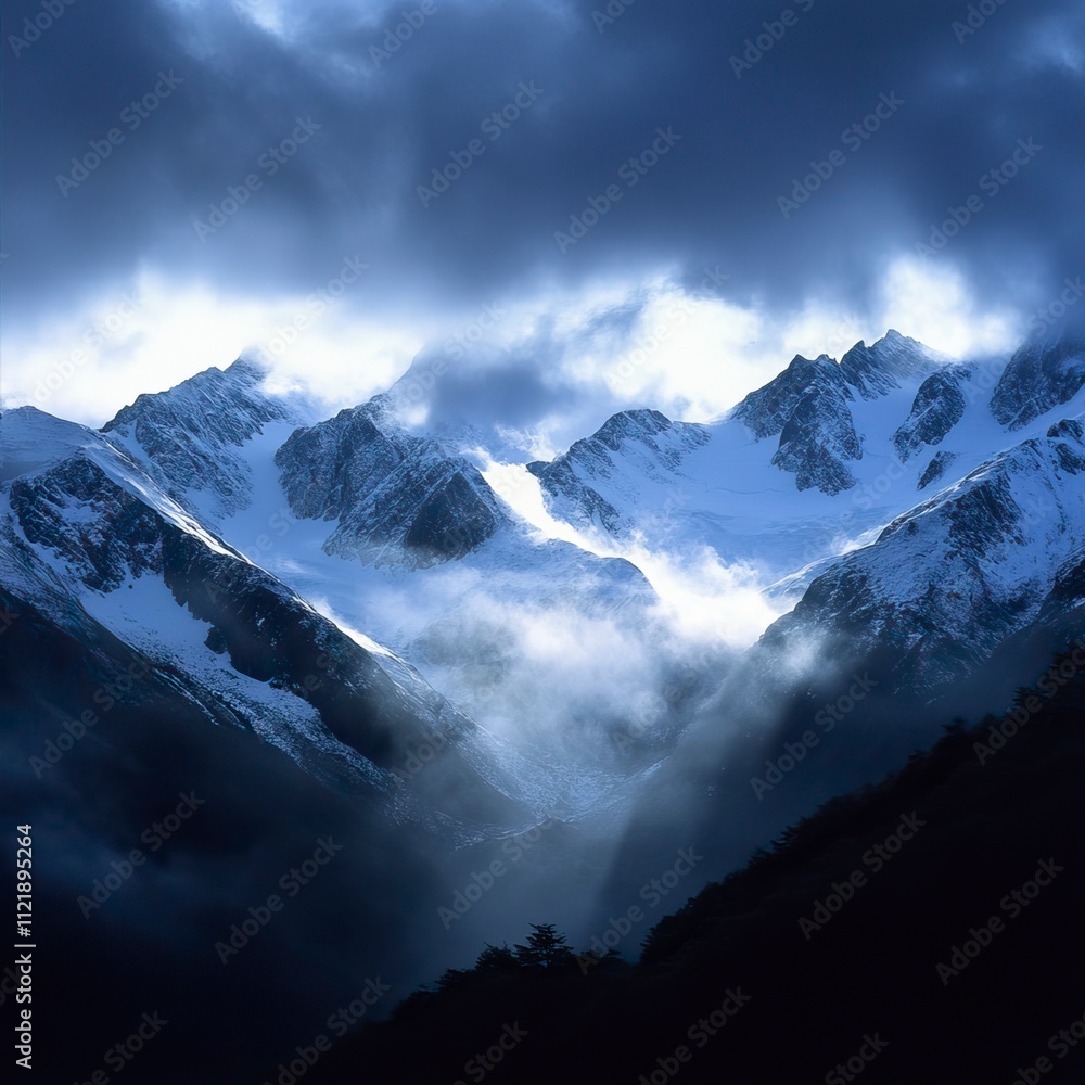 Obraz premium Snowy Peaks with Layers of Mist and Cloudy Sky Snow Covered Mountains and Peaks, Winter season, Happy New Year, Happy Christmas 