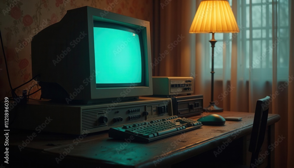 Retro computer scene with old CRT monitor, sunset view through the window, and vintage feeling Retro computer scene with old CRT monitor, sunset view through the window, and vintage feeling