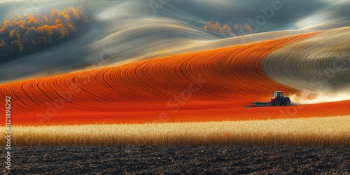 Tractor Cultivating Wavy Orange Field with Dust Cloud