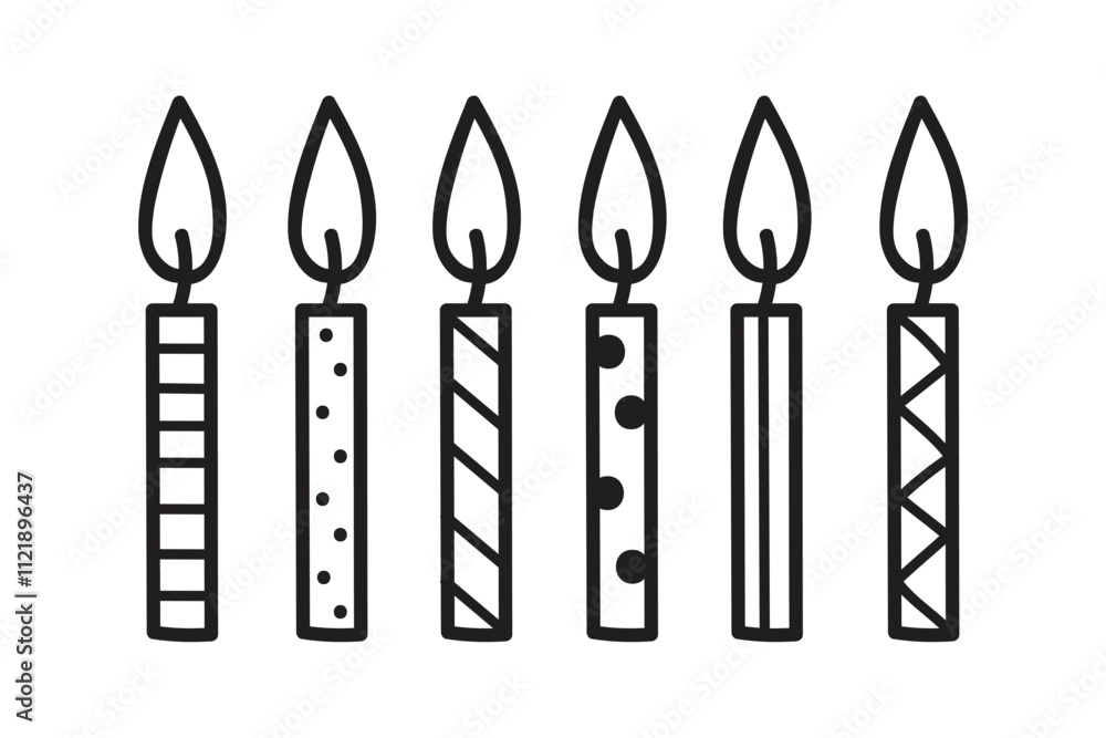 Birthday cake candles with fire flame. Small wax sticks with burning wick isolated on white background. Vector cartoon set of candles for holiday party.Kid coloring page. Аntistress books. Birthday cake candles with fire flame. Small wax sticks with burning wick isolated on white background. Vector cartoon set of candles for holiday party.Kid coloring page. Аntistress books.