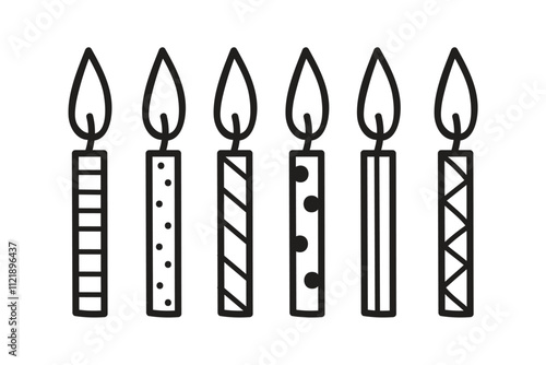 Birthday cake candles with fire flame. Small wax sticks with burning wick isolated on white background. Vector cartoon set of candles for holiday party.Kid coloring page.  Аntistress books.