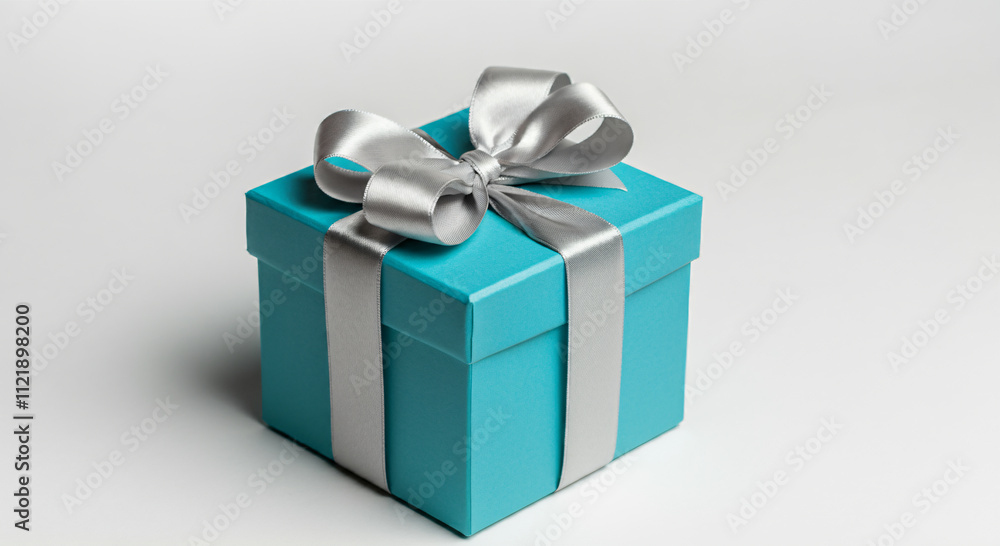 Obraz premium A teal gift box with a silver ribbon and bow.
