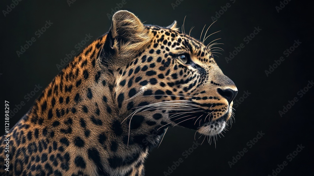Fototapeta premium Majestic leopard portrait, profile view against dark background.