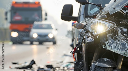 A detailed view of a car and motorcycle accident, with a focus on the extent of damage and the response from emergency services