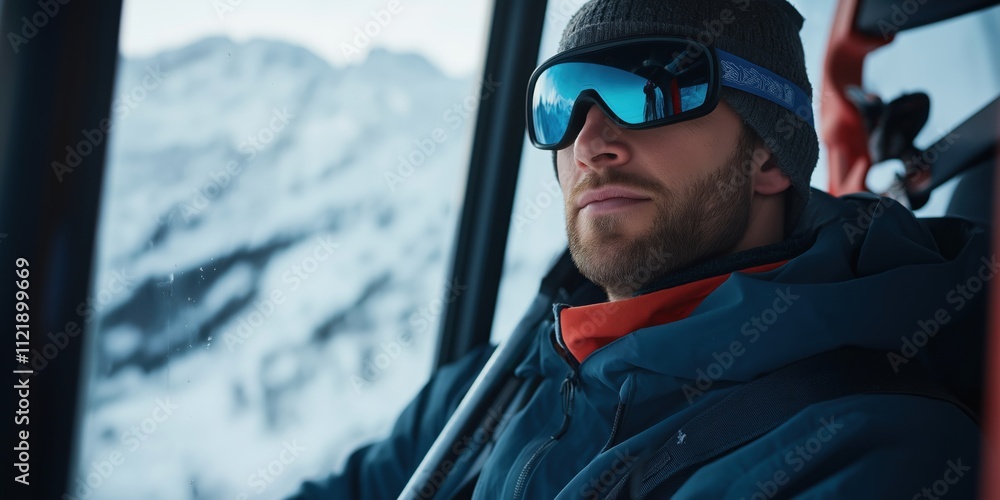 A close-up portrait of a focused skier sitting inside a gondola, dressed in warm winter gear with ski goggles resting on a beanie A close-up portrait of a focused skier sitting inside a gondola, dressed in warm winter gear with ski goggles resting on a beanie