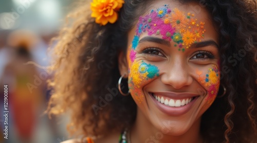 A close-up of a woman smiling with her face adorned in bright colors and patterns, radiating joy and confidence, perfect for capturing the spirit of a lively festival.