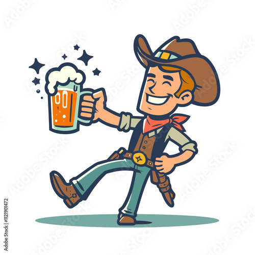 Joyful cowboy with beer mug isolated vector illustration: A happy cowboy holding a beer mug, wearing Western attire with a hat, scarf, and boots, stepping joyfully with a bright smile.