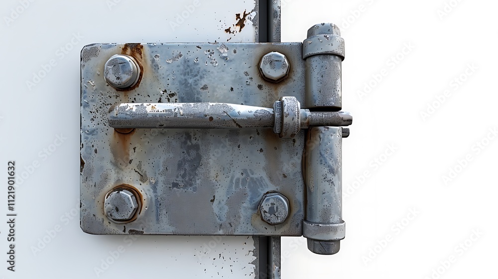 A close-up of a solid metal industrial door hinge, isolated on white. A close-up of a solid metal industrial door hinge, isolated on white.