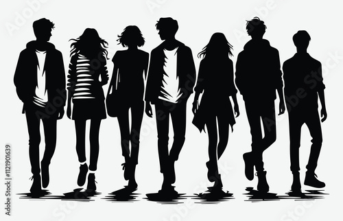 Silhouette Set of People Walking in Groups and Pairs for Creative Design Projects and Visual Artworks
