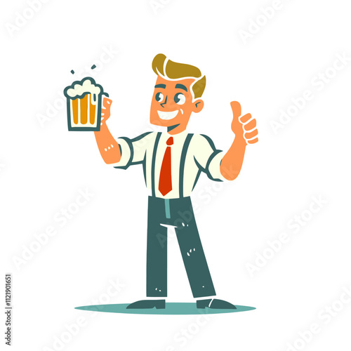 Cheerful man in a shirt and tie holding a frothy beer mug and giving a thumbs up. Simple and vibrant character design. Isolated vector illustration of a casual beer enthusiast.