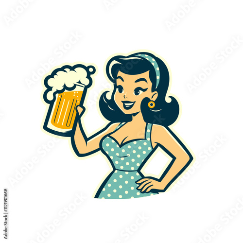Retro pin-up girl with polka dot dress holding a beer, isolated vector illustration