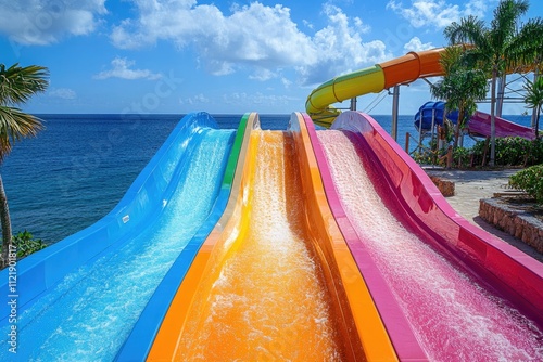 Colorful waterslides leading to tropical ocean at a resort water park photo