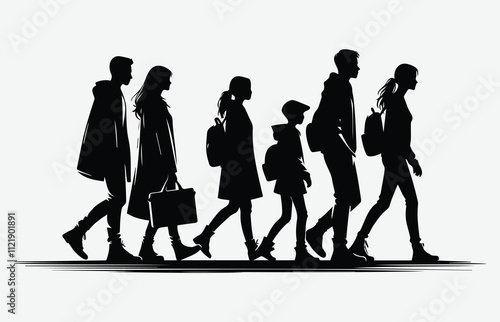 Silhouette of People Walking Together Set in Various Poses for Design and Art Projects