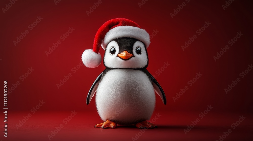 Fototapeta premium Adorable penguin wearing a santa hat against a festive red background