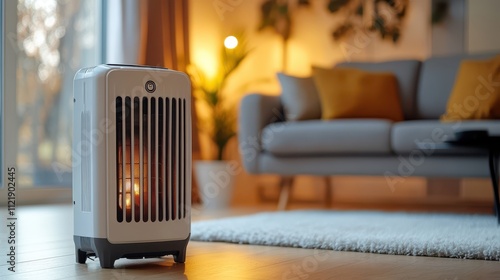 A portable electric oil heater standing on the floor in a living room, providing efficient temperature control and warmth during the colder autumn season. 