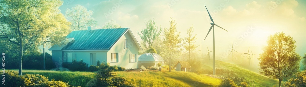 A serene landscape featuring a house, wind turbine, and lush greenery under a golden sky. A serene landscape featuring a house, wind turbine, and lush greenery under a golden sky.
