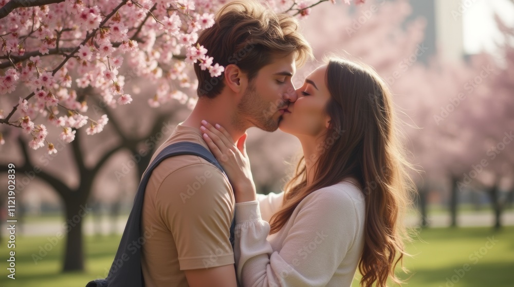A tender moment between a young European couple sharing a sweet kiss under a blooming cherry blossom tree, capturing the essence of love and intimacy in a picturesque setting. A tender moment between a young European couple sharing a sweet kiss under a blooming cherry blossom tree, capturing the essence of love and intimacy in a picturesque setting.