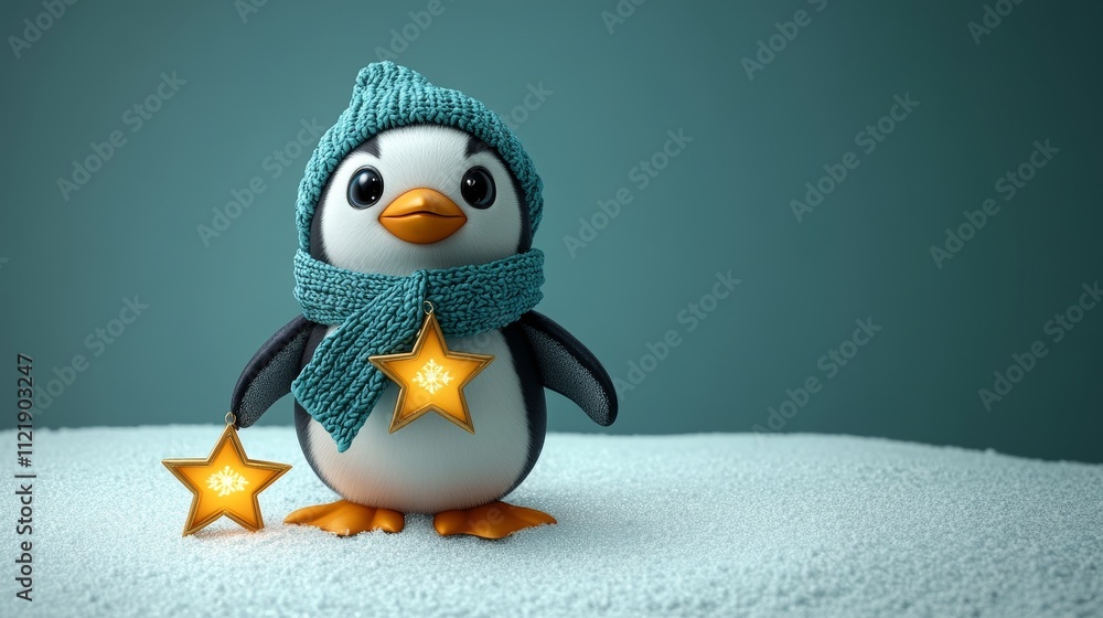 Obraz premium Adorable cartoon penguin wearing a winter scarf and holding stars