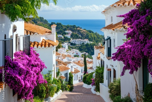 Bougainvillea blooming along whitewashed street overlooking mediterranean sea in mijas pueblo, spain photo