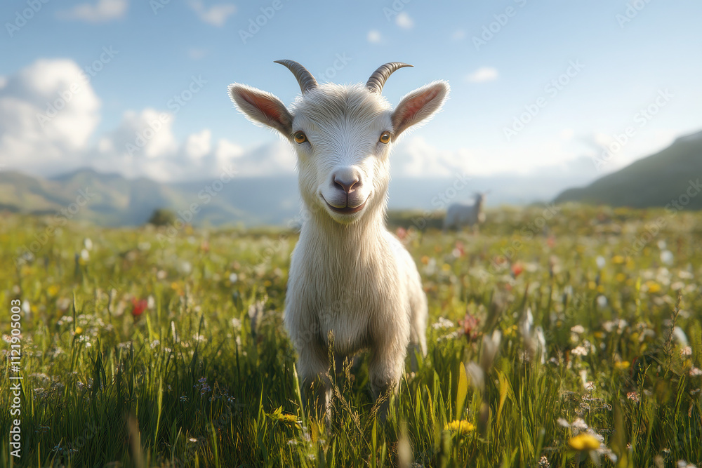 Fototapeta premium A cheerful goat stands in a vibrant, flower-filled meadow under a clear blue sky.