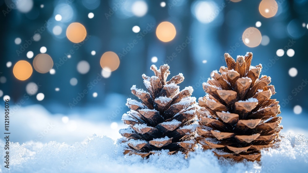 Beautifully decorated pinecones surrounded by snow and soft glowing lights Beautifully decorated pinecones surrounded by snow and soft glowing lights