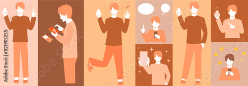 Set illustration of a young man operating a smartphon.