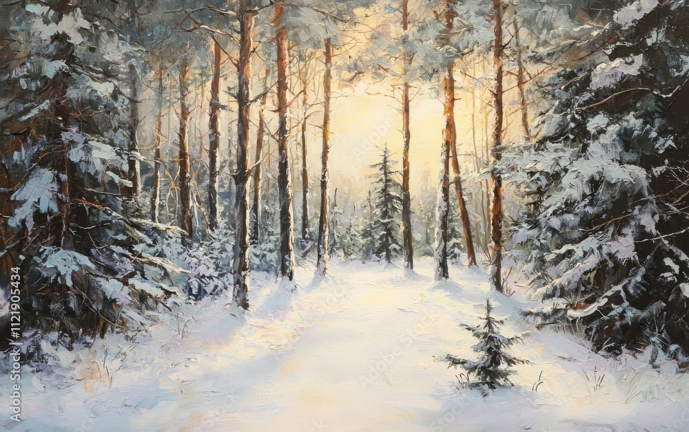 Fototapeta premium Atmospheric boreal forest soft light on dense pine trees in a winter landscape