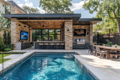 Wallpaper Mural Modern outdoor kitchen and patio overlooking inviting swimming pool Torontodigital.ca