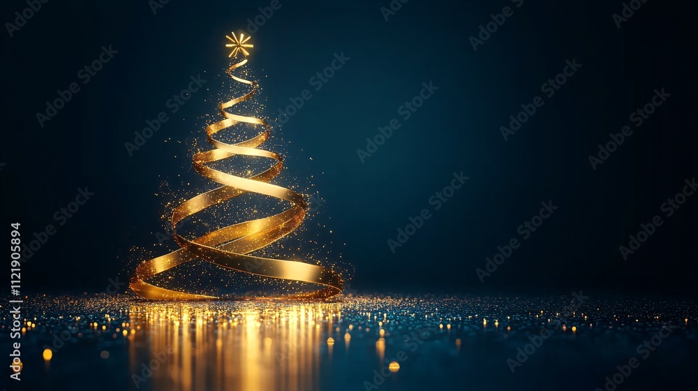 Obraz premium A shimmering golden Christmas tree glows against a dark background, adorned with sparkling ornaments, creating a festive and magical atmosphere.