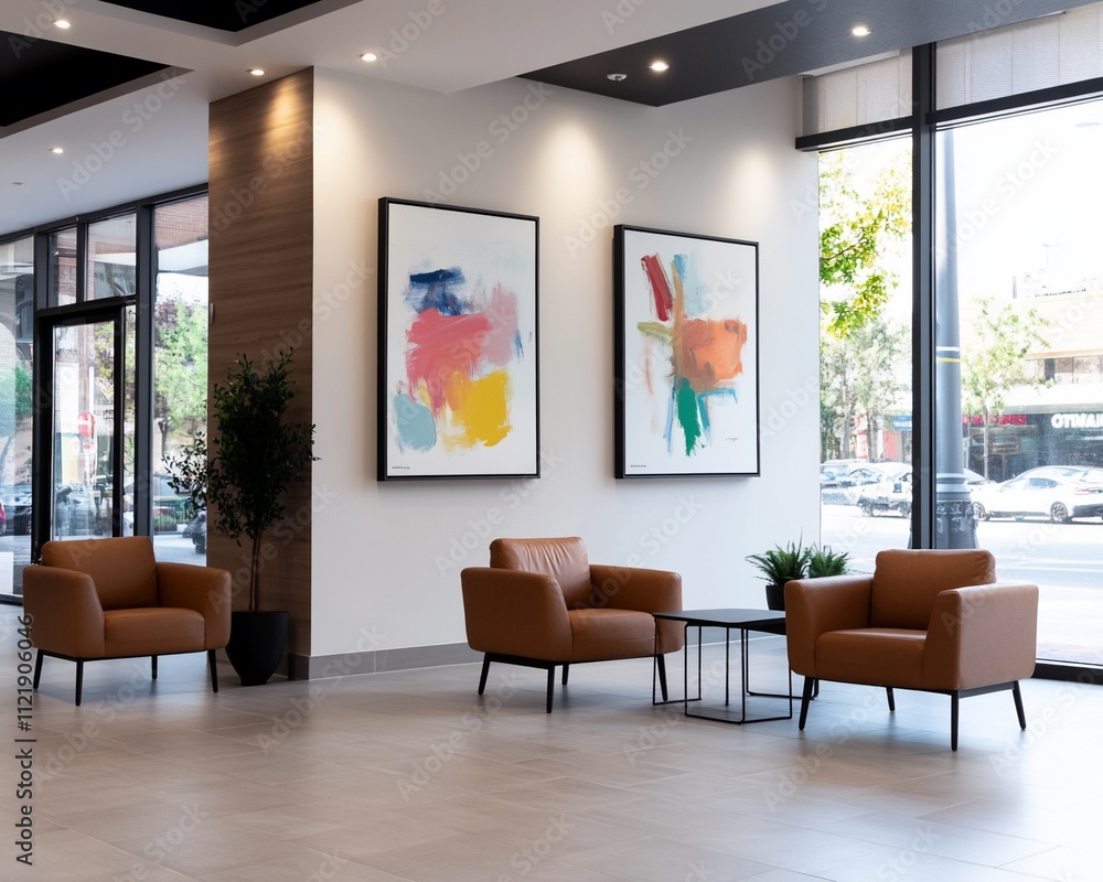 Fototapeta premium Modern lobby with comfortable seating, artwork, and large windows.