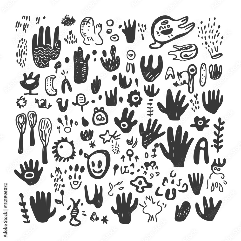 Fototapeta premium A Collection Of Hand Drawn Black And White Abstract Shapes And Symbols