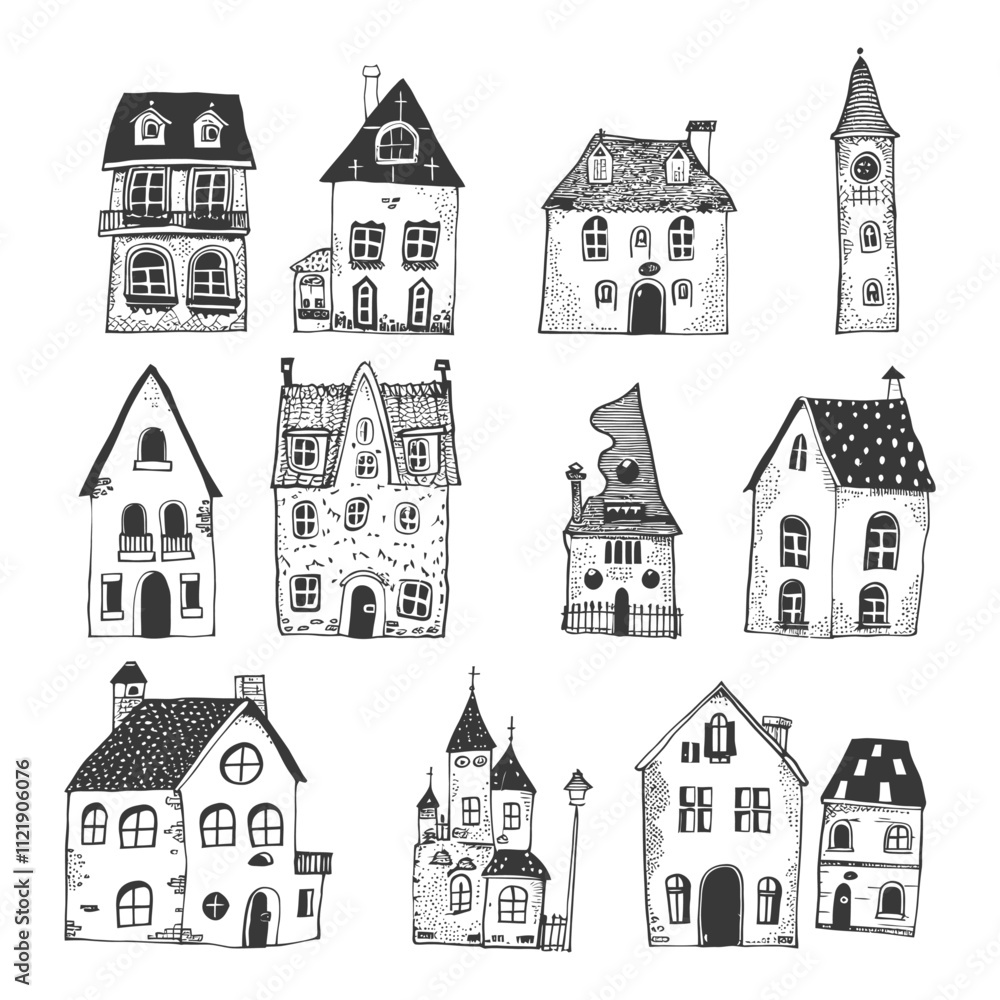 Obraz premium A Collection Of Hand Drawn Black And White Illustrations Of Various Houses