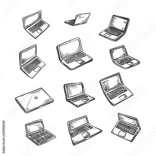 A Collection Of Hand Drawn Sketch Illustrations Of Laptops In Various Positions