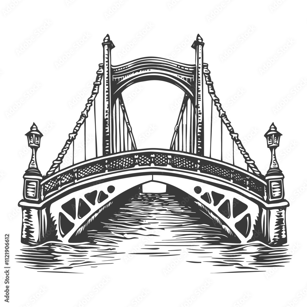 Fototapeta premium A Detailed Black And White Illustration Of A Suspension Bridge