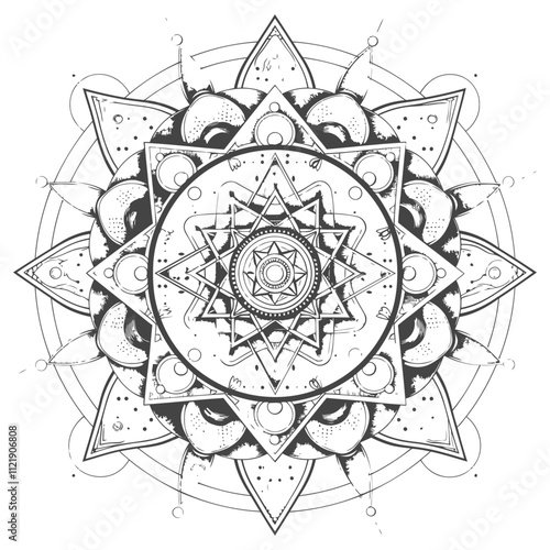 A Detailed Black And White Mandala With Geometric Patterns And A Central Star