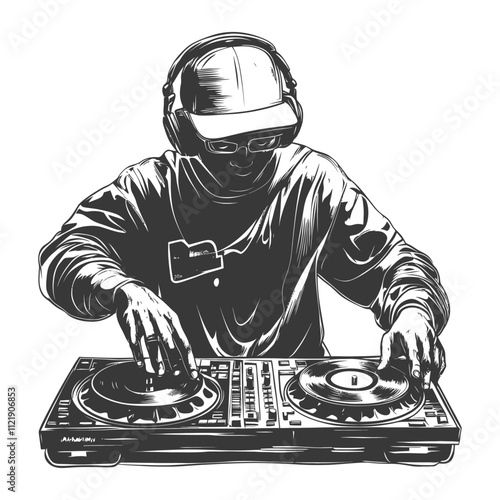 A Dj Wearing Headphones And A Cap Mixing Music On A Turntable