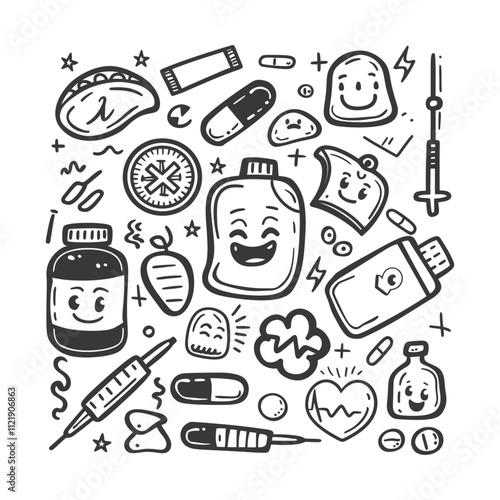 A Doodle Collection Of Healthcare Related Icons With Cute Faces