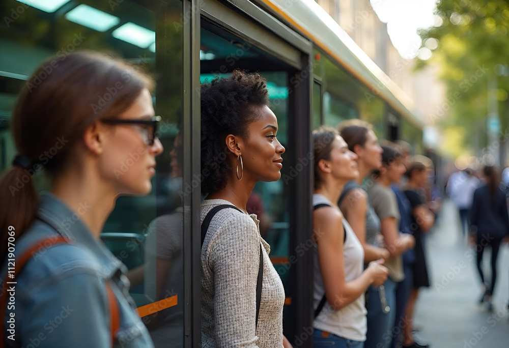 Group of diverse women waiting at a bus stop during a sunny afternoon in an urban setting, showcasing daily commuting life in the city Group of diverse women waiting at a bus stop during a sunny afternoon in an urban setting, showcasing daily commuting life in the city