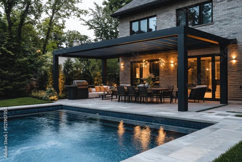 Modern pergola providing shade near illuminated swimming pool at dusk photo