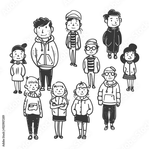 A Group Of Nine Cartoon People In Casual Clothing