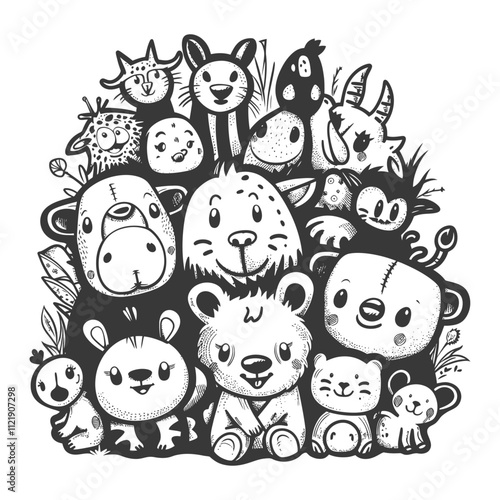 A Group Of Cute Cartoon Animals With Big Eyes And Smiles