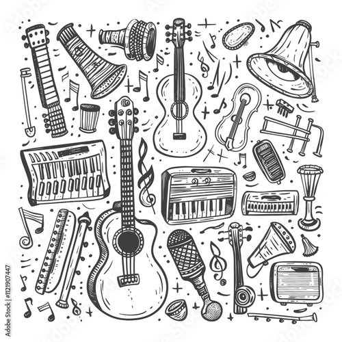 A Hand Drawn Collection Of Musical Instruments And Notes