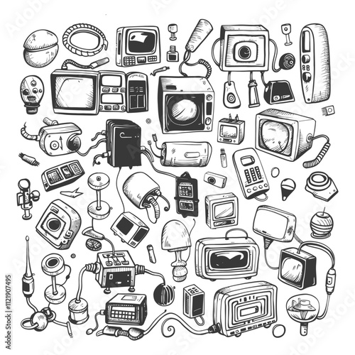 A Hand Drawn Collection Of Vintage Electronics And Devices