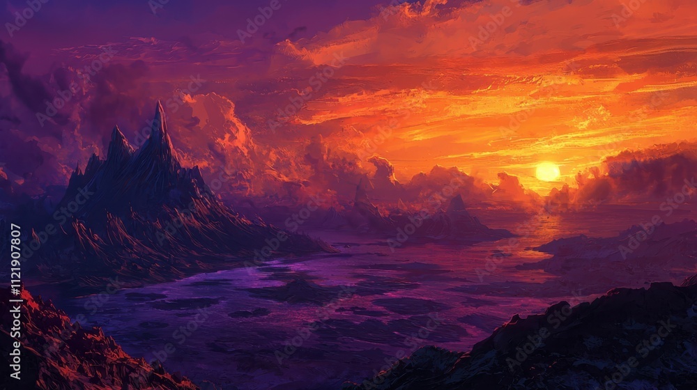 Fototapeta premium Captivating sunset over volcanic islands oceanic viewpoint nature photography stunning orange-purple sky