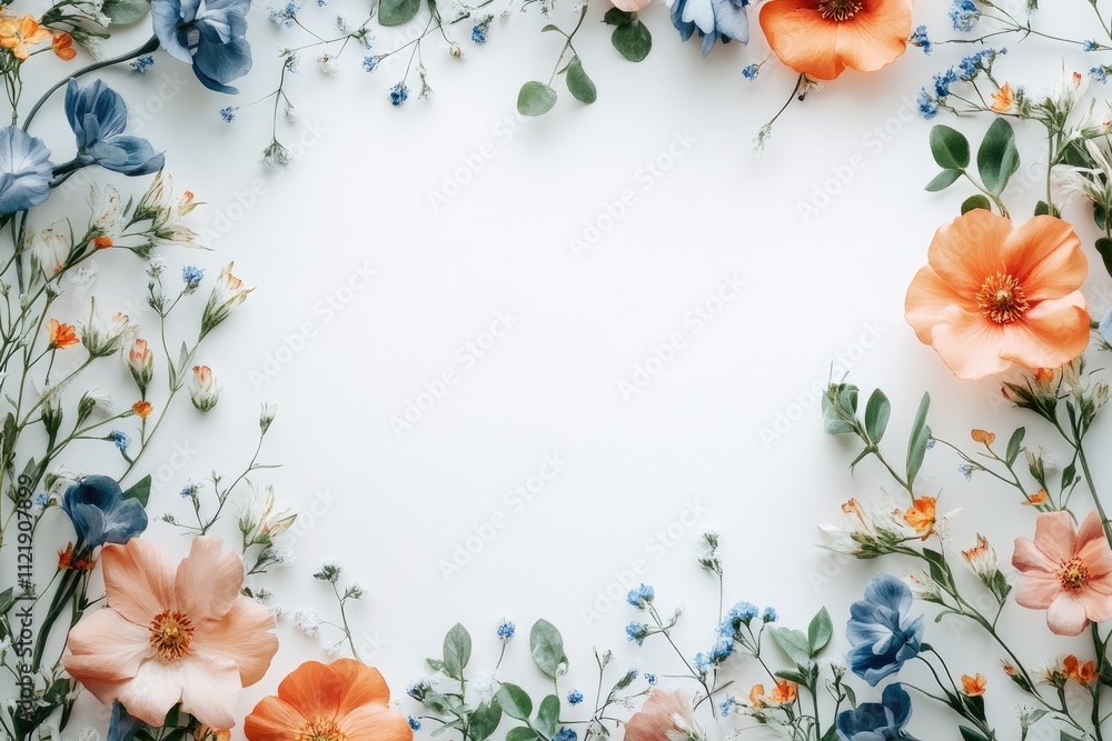 Fototapeta premium Floral frame composition creating copy space on white background