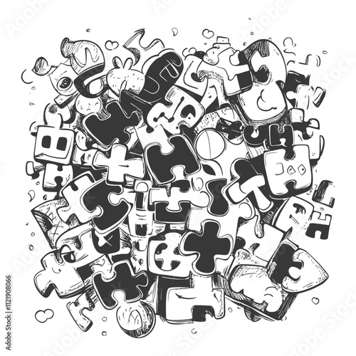 A Hand Drawn Illustration Of A Scattered Jigsaw Puzzle
