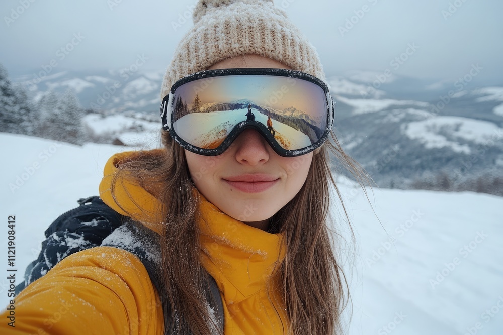 Smiling hiker wearing ski goggles enjoys stunning mountain view in winter Smiling hiker wearing ski goggles enjoys stunning mountain view in winter