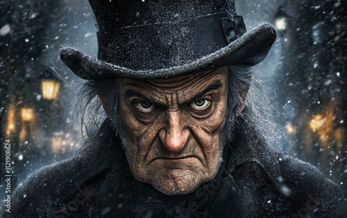 Ebenezer Scrooge in Top Hat During a Snowy Winter Night – A Chilling Portrait of Dickens’ Iconic Character photo
