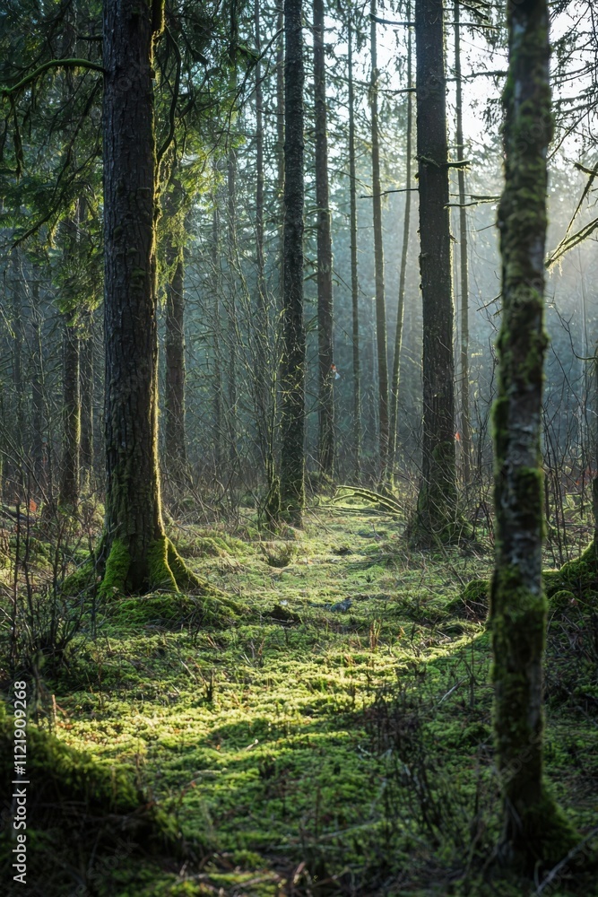 Obraz premium Exploring enchanted forest clearingethereal morning mist among moss-covered trees in a magical woodland setting